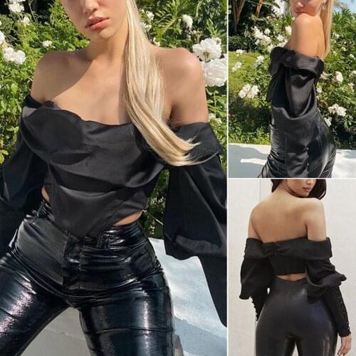 WomenS Sexy Fashion Off Shoulder One-Word Neck Folding Pile Pile Sleeve Long Sleeve Short Crop Top Black