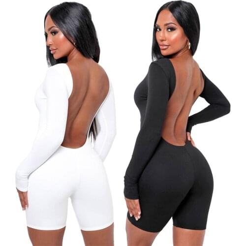 Echoine Women Clothing Solid Color Sexy Open Back Slim Hip-length Long-sleeved One-piece Romper White Bodysuit Drop Shipping