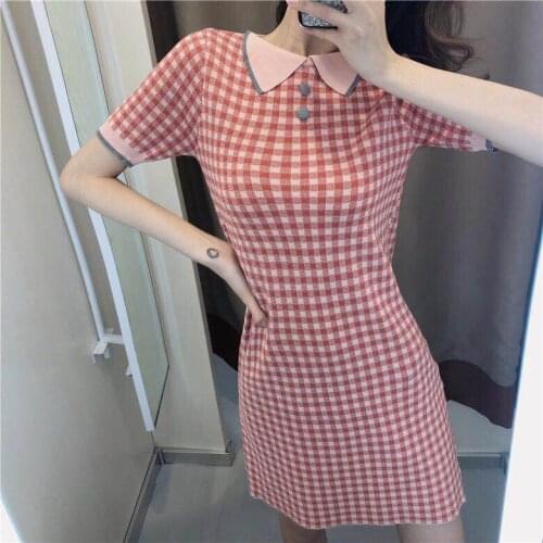 Retro French Lattice Short Sleeve Women T-Shirt Dress Summer Casual Button Lapel Slim Mini Knitted Dresses