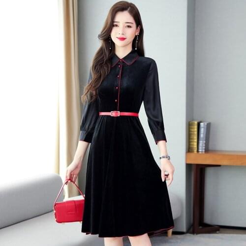 Womens dress autumn winter sweet patchwork thin velvet dress women casual vintage belt party dress ladies robe