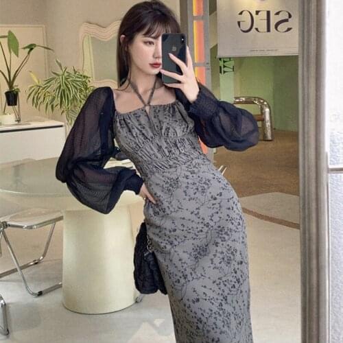 Autumn Vintage Square Collar Lantern Sleeve Midi Dress Ladies Elegant Robe Casual Streetwear Floral Folds Female Loose Dress