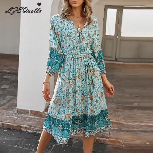 LZEQuella 2021 New Spring Fashion Boho Print Dress Women Casual Full Sleeve High Waist Loose Beach Sundress Vestidos NZ3023