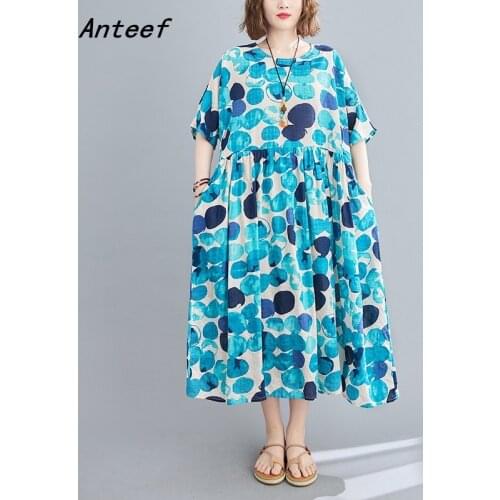 Short sleeve cotton linen vintage Polka Dot dresses for women casual loose long summer dress elegant clothes 2021