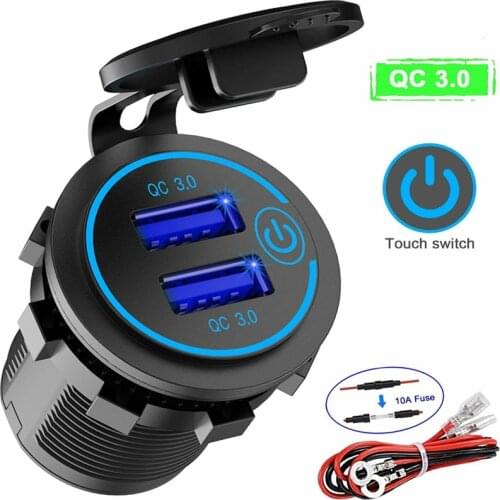 12V Car Charger Socket 3.0 Dual USB Quick Charge Waterproof Fast Charger Socket Power Outlet with Touch Switch Auto USB Adapter