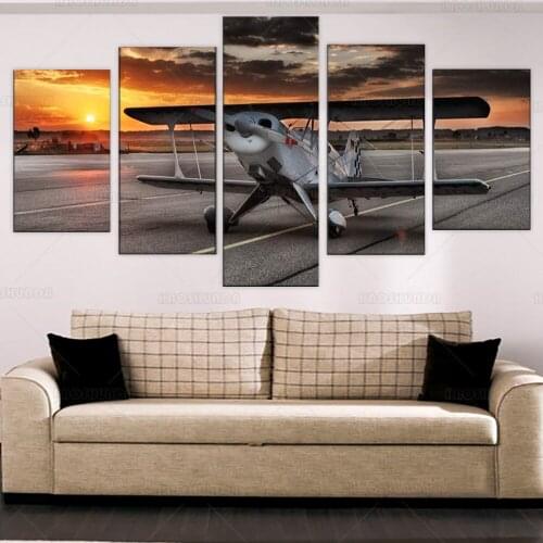5 Piece Vintage Airplane Wall Art Prints Aircraft at Sunset Old Airport Pictures Canvas Stretched and Framed Plane Artwork