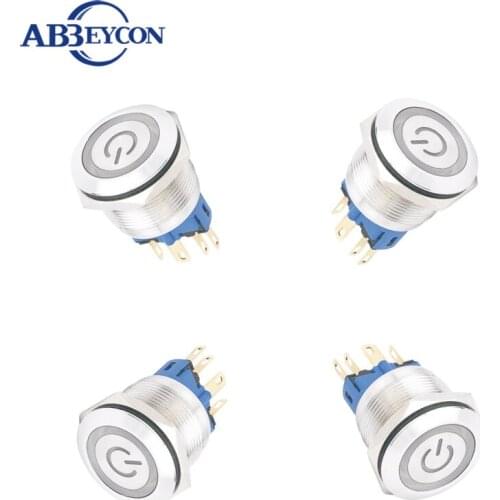 ABBEYCON 28mm flat head latching function with ring led power logo illuminated stainless steel push button switch