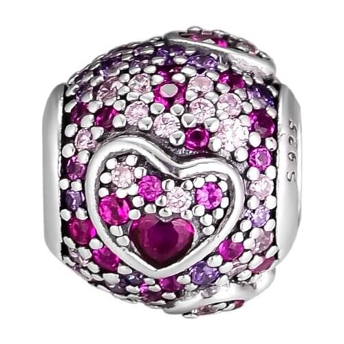 CKK Silver 925 Jewelry Asymmetric Hearts of Love Charm, Red & Pink, Royal Purple Crystals Beads Original Jewelry