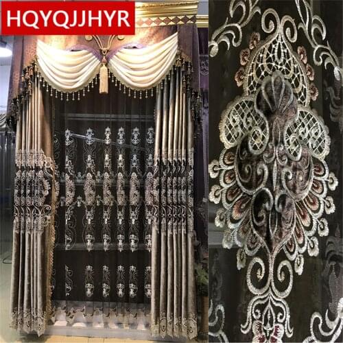 European luxury brown velvet embroidery Curtains for Living Room Windows royal high-end Custom Curtains for Bedroom/ Kitchen