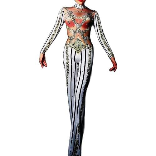 Shining Rhinestones Jumpsuit Striped Printing Straight Rompers Women Long Sleeve Party Evening Costume Nightclub Dance Show Wear