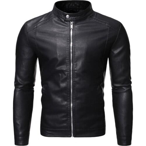 Zipper Closure Stand Collar Men Jacket Soft Comfortable Faux Leather Windproof Pockets Motorcycle Windbreaker Coat for Working