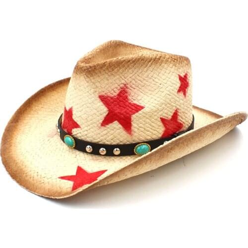 Fashion Men Straw Western Cowboy Hat With Punk Leather Band Star For Dad Sombrero Hombre Cowgirl Caps Size 58CM