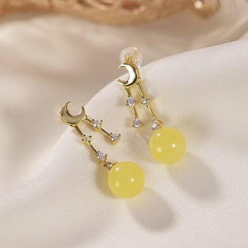 Natural 925 sterling silver gilt moon inlaid round beads amber earrings individuality temperament long sterling silver women