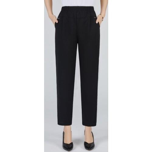 2021 New Middle Aged Women Pants Summer Thin Comfortable Ankle-Length Black Pants Elastic Waist Female Trousers Plus Size XL-5XL