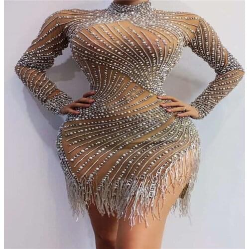 V48 Ballroom pole dance dress sexy women rhinestones tassel stretch dress sleeve pearl skirt birthday wear drilling outfit party