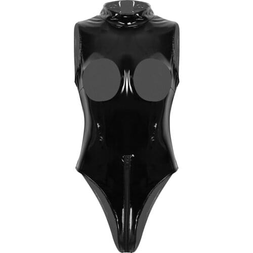 PVC Patent Leather Bodysuit Women High Cut Thong Zipper Open Crotch Hollow Bust Erotic Lingerie Leotard Costumes Latex Catsuit