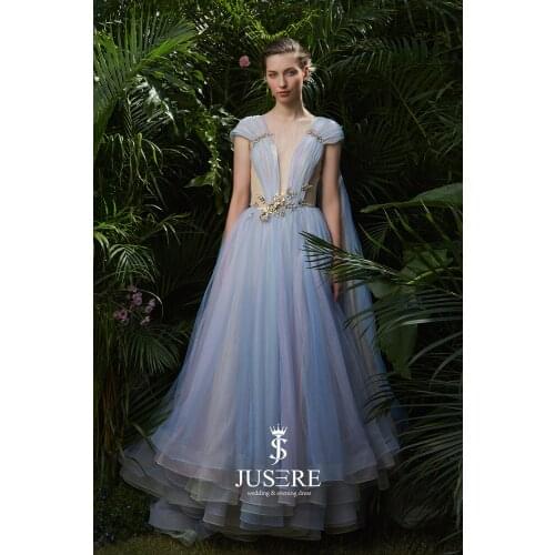 Romantic Sexy Deep V-Neck Low Back Pleated Soft Tulle Color Contrast Blue Pink Special Occasion Dress robe de soiree