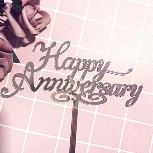 Pink Happy Anniversary Acrylic Cake Topper New Wedding Anniversary Party Cake Decorating Supplies Gold Mirror Acrylic Cake Flags