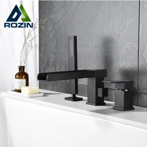 Long Spout Waterfall Bathtub Faucet Deck Mounted 3 Holes Bathroom Tub Sink Mixers with Handshower Widespread Chrome Bath Tub Tap