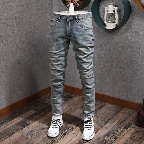 European American Vintage Fashion Men Jeans Retro Yellow Blue Distressed Slim Fit Casual Designer Jeans Men Cotton Denim Pants