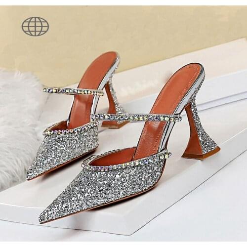 Bling Crystal Pumps Women Mules New Summer 2021 Sequined Slipper Slip on High Heel Sandal Lady Point Toe Rhinestone Party Shoes
