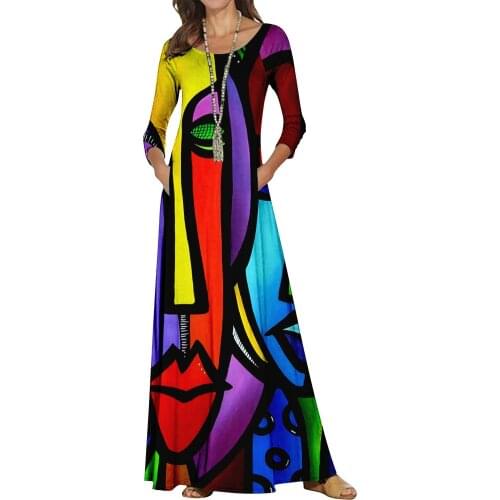 Long Sleeve Maxi Dresses For Women Spring Autumn Fashion Elegant Dress 3D Funny Prints on Human Faces 3D Tie dye Party Dress