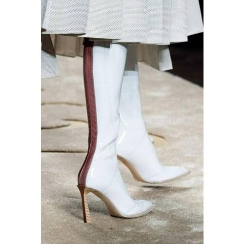 Fashion Striped Zipper Knee High Boots Women Pointed Toe Wooden High Heels Runway Boots Fashion Women Patent Leather Long Boots