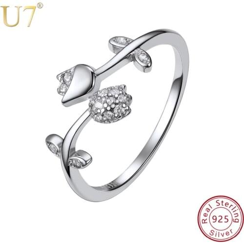 U7 925 Sterling Silver Luxury CZ Rose Flower Finger Ring for Women Girl Engagement Wedding Lovers Gift Open Ring Adjustable