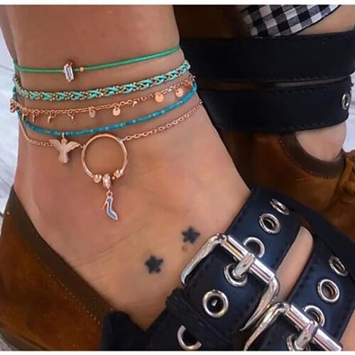 ZHINI Green Rope Chain Ankle Bracelet Leg Foot Ankles Set Bohemia Beads Beach Angel Pendant Bracelet for Women Jewelry Gift