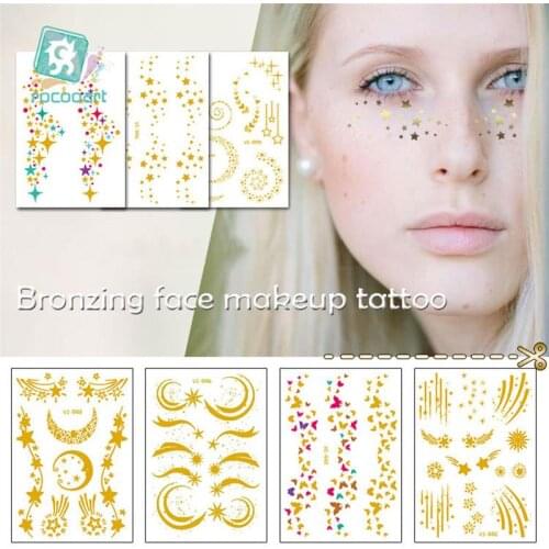 Gold Moon Star Flash Face Body Art Water Transfer Waterproof Temporary Tattoo Sticker For Women Makeup Party Fake Tattoos