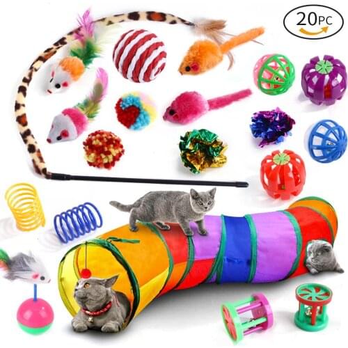 20pcs Set Of New Pet Cat Toy Rainbow Tunnel Set Sisal Funny Cat Stick Mouse Cat Toy