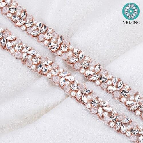 4 YARDS Embroidered bridal beaded rhinestone applique trim rose gold iron on for wedding dress sash WDD0920