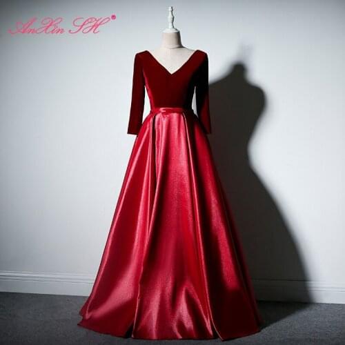 AnXin SH princess wine red velvet evening Dress vintage party v neck bride performance half sleeve satin long host evening dress