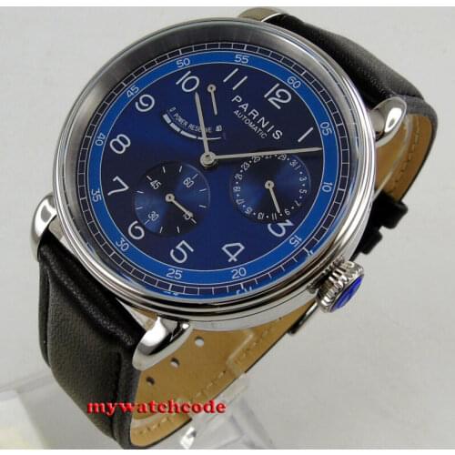42mm PARNIS blue dial power reserve date window sea-gull automatic mens watch