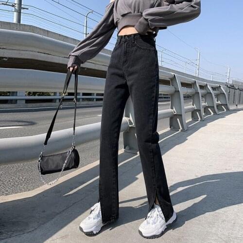 Black front fork jeans womens spring 2021 new Korean version of high-waisted thin drag pants broad-legged micro-flared pants