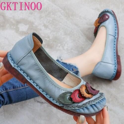 GKTINOO Genuine Leather Women Shoes Casual Flower Single Flat Round Toe Style Boat Shoes Soft Comfortable Women Flats 2021 New