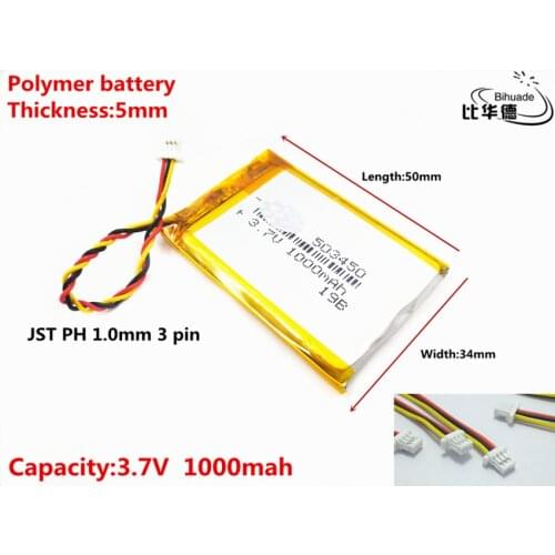 JST PH 1.0mm 3 pin Good Qulity 3.7V,1000mAH 503450 Polymer lithium ion / Li-ion battery for tablet pc BANK,GPS,mp3,mp4