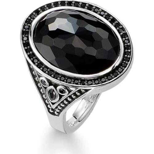 Silver Black Zirconia & Facted Oval Onyx Rings, 2018 Thomas Style Cocktail Band Ring Jewelry Crystal Ring Gift for Women Men