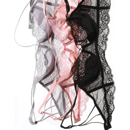 Pink Bandage Women Lace Bra Set Sexy Lingerie Plus Size Deep V Push Up Ultra Thin Transparent High Waist Panties and Underwear