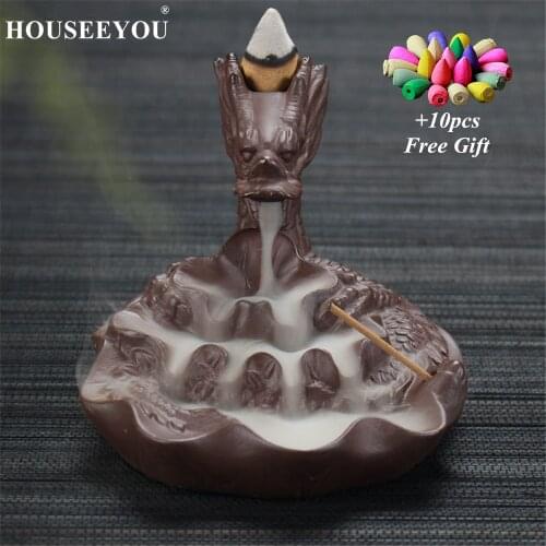 10Pcs Incense Cones + Backflow Incense Burner Creative Home Decor Ceramic Dragon Aroma Censer Waterfall Stick Coil Holder