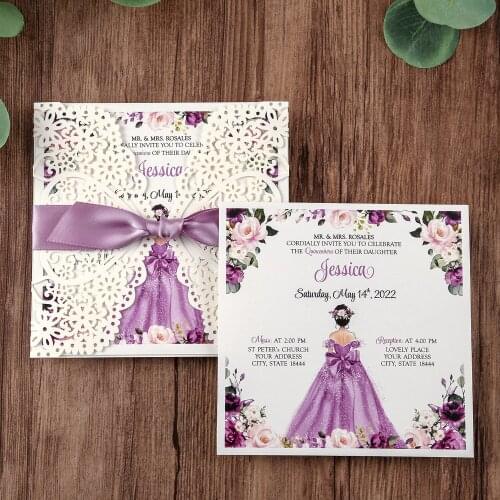 50pcs Square Invitations Cards Bridal, Baby Shower Invite, Birthday, Dinner Invites, with Purple Bowknot Hollow W0003
