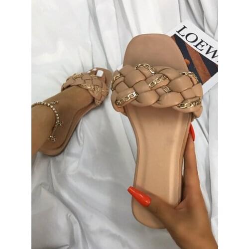 Fashion Solid Color Woven Womens Shoes Outdoor Leisure Chain Decoration Sandals Beach Slippers Plus Size