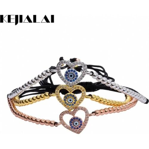 Fashion Jewelry Evil Eye Heart Charm Bracelet Micro Pave White/Blue CZ 3mm Beads Braided Macrame Bracelet Best Valentines Gift
