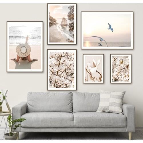 Sea Beach Waves Magnolia Cherry Blossoms Wall Art Canvas Painting Nordic Posters And Prints Wall Pictures For Living Room Decor
