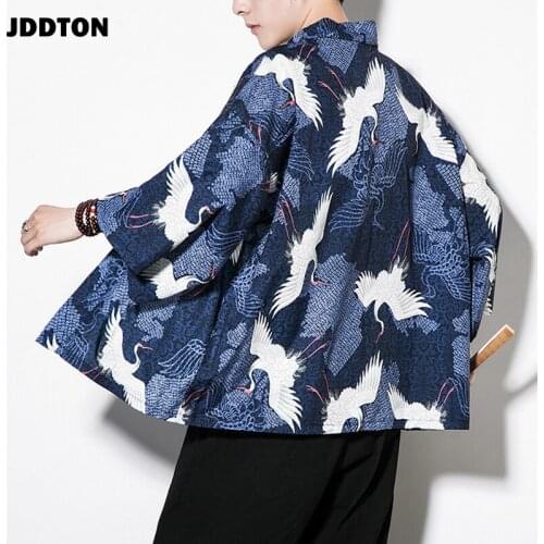 JDDTON Spring Mens Cotton Linen Kimono Printed Loose Long Cardigan Outerwear Vintage Coats Male Jackets Casual Overcoats JE088