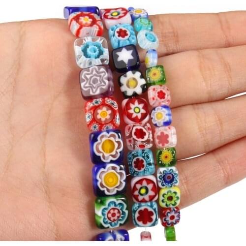 6 8 10mm Square Shape Millefiori Flower Patterns Lampwork Glass Loose Spacer Beads for Jewelry Making Diy Bracelet Accessories