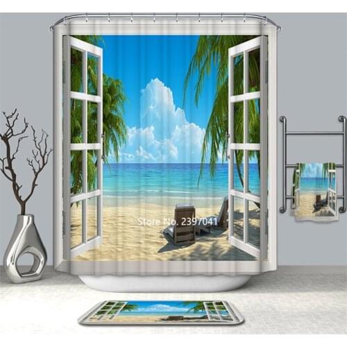 New Window Scenery Beach Coconut Trees Natural Scenery Forest Shower Curtain Bathroom Waterproof and Mildew Proof with Hook