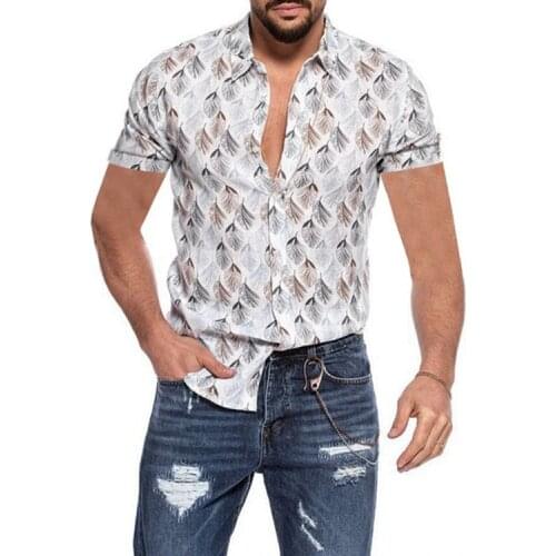 New mens clothing short-sleeved brown lapel shirt four seasons casual printing color matching shirt