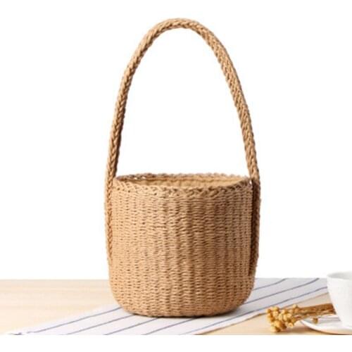 New two-handle paper rope woven bag solid color cylinder handkerchief straw bag retro holiday bucket beach bag