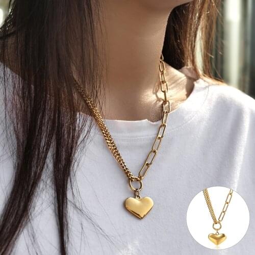 New Trend Heart Love Pendant Necklace for Women Stainless Steel Paperclip Curb Link Sweater Chain Gift Jewelry Adjustable DN246