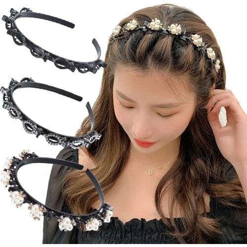 Women Black Elegant Pearls Hairbands Sweet Flowers Ornament Head Band For Girl Headwear Fashion Hair Accessories